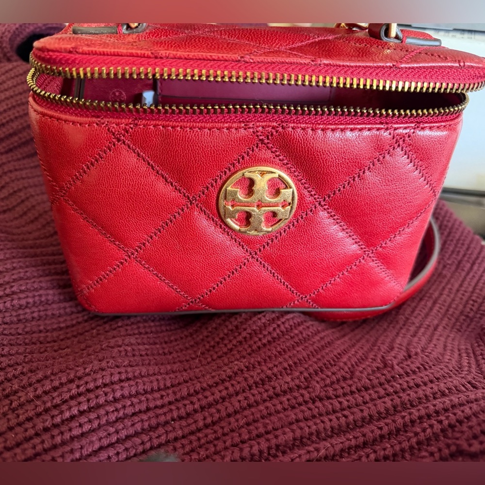 Tory Burch Red Quilted Crossbody Bag with Gold Logo